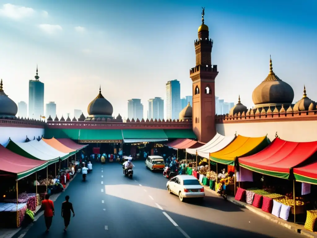 Vista callejera en Yakarta, Indonesia, con presencia islámica en Indonesia y Malasia