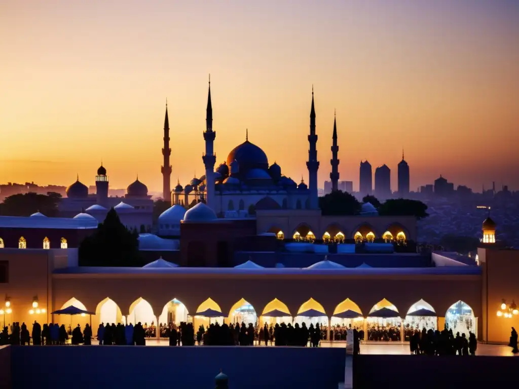 Vista de la ciudad al atardecer con la difusión del Islam a través de los califas, destacando la majestuosa mezquita iluminada