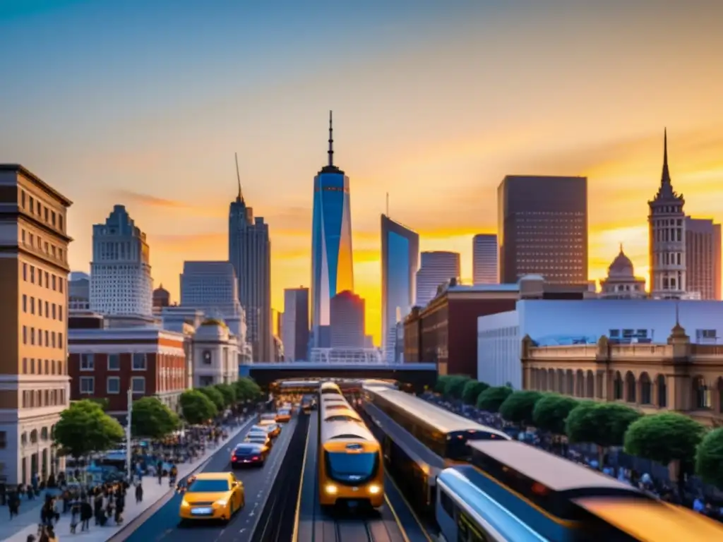 Vista de la ciudad con desarrollo económico y banca islámica, mezcla de arquitectura moderna y tradicional, con una vibrante vida urbana al atardecer