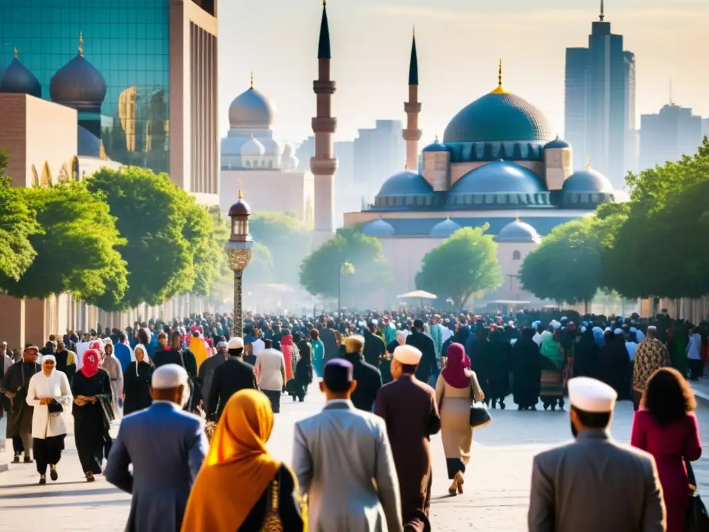 Vista de la ciudad con diversidad cultural y una mezquita moderna destacando la unión en la era post-9/11