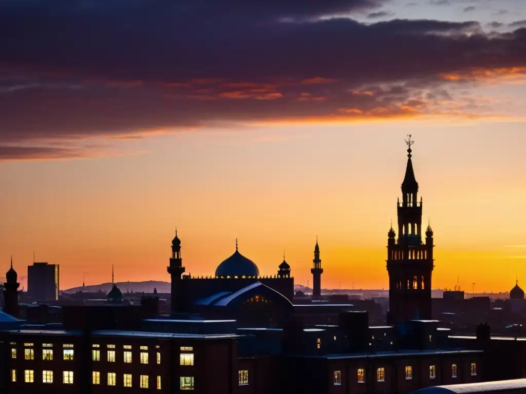 Vista de la ciudad al anochecer con la presencia islámica en el paisaje urbano, destacando los minaretes de la Mezquita Central de Manchester