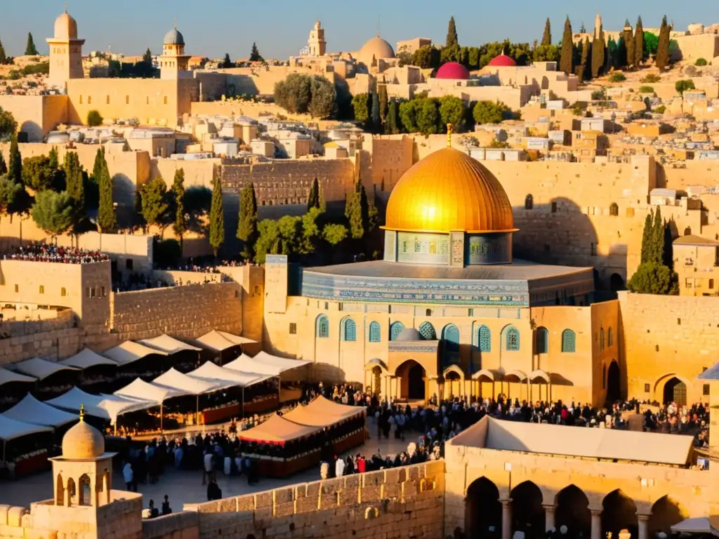 Vista de la Ciudad Vieja de Jerusalén al atardecer, con sus murallas antiguas, el mercado bullicioso y el icónico Domo de la Roca