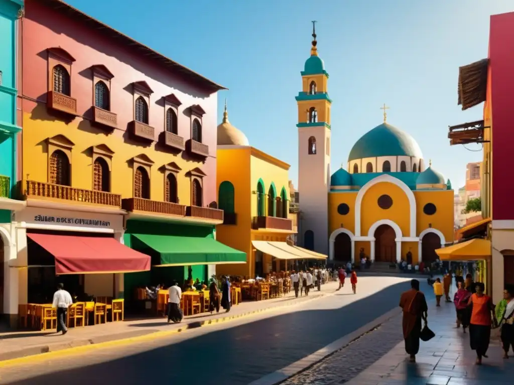 Vista de la convivencia del islam en Latinoamérica, con una mezquita y una iglesia junto a una bulliciosa calle llena de diversidad étnica y religiosa