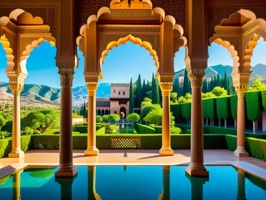 Vista detallada de la Alhambra en Granada, España, con arquitectura morisca y la herencia andalusí en España moderna