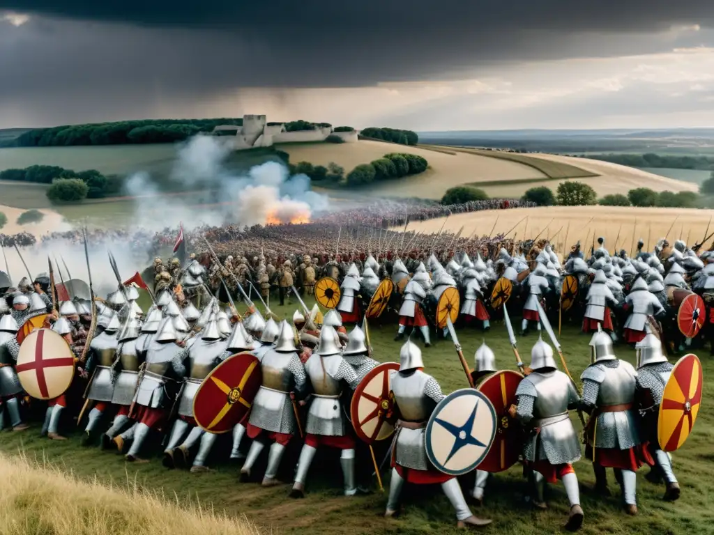 Vista detallada de la Batalla de Poitiers 732 en Europa, con campo de batalla y soldados en intensa confrontación bajo un cielo tormentoso