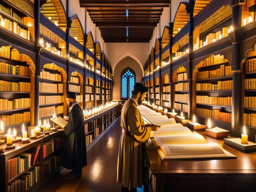 Vista detallada de una biblioteca medieval europea con manuscritos árabes y estudiosos en cálida luz de velas