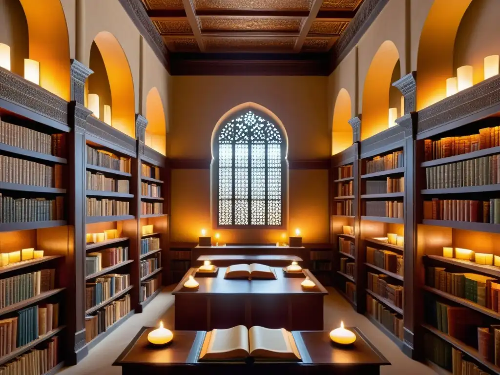 Vista detallada de una bulliciosa biblioteca califal, con estudiosos preservando conocimiento en la penumbra de la luz de las velas