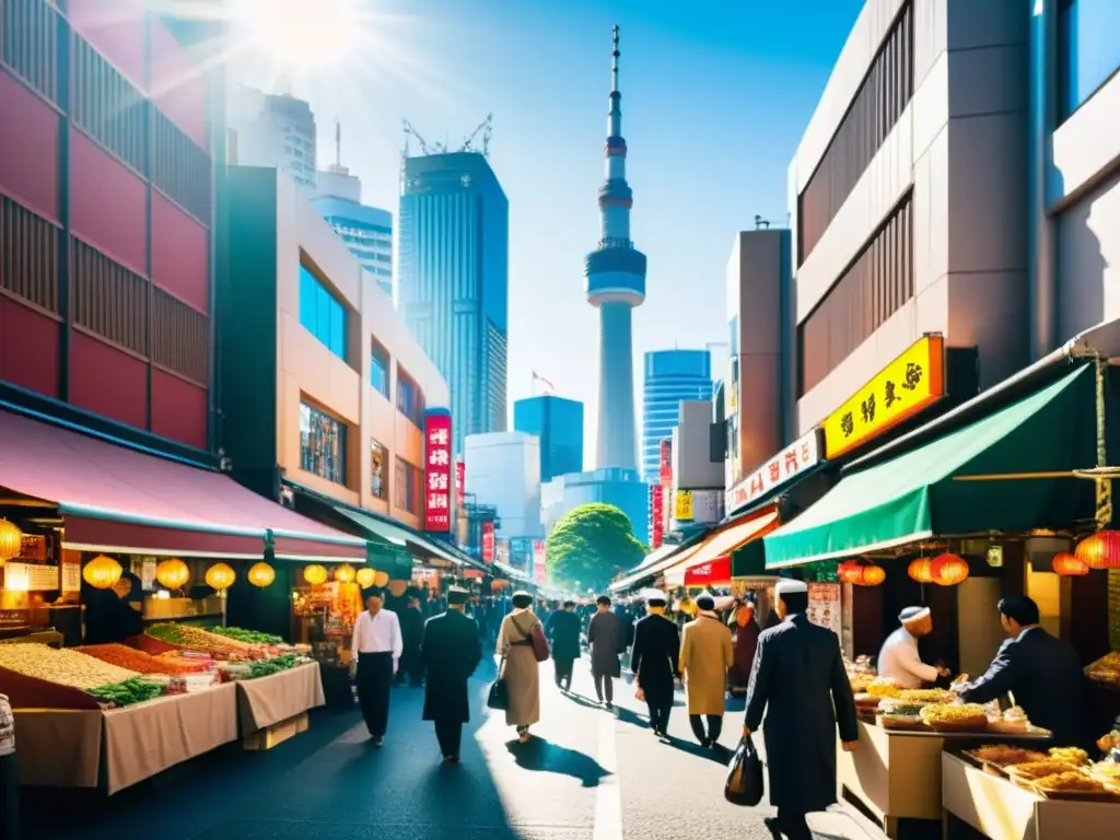 Vista detallada de una bulliciosa calle en el barrio musulmán de Tokio, con puestos de comida halal, mezquitas y gente en atuendo islámico