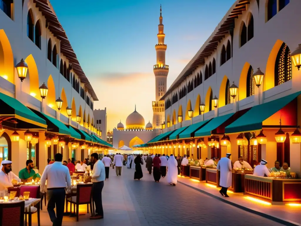 Vista detallada de bulliciosa calle de Dubai con coloridos restaurantes Halal