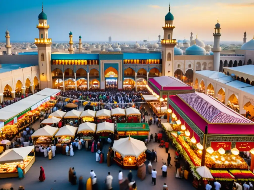 Vista detallada de un bullicioso mercado durante las celebraciones de Eid, reflejando la diversidad cultural en el mundo islámico