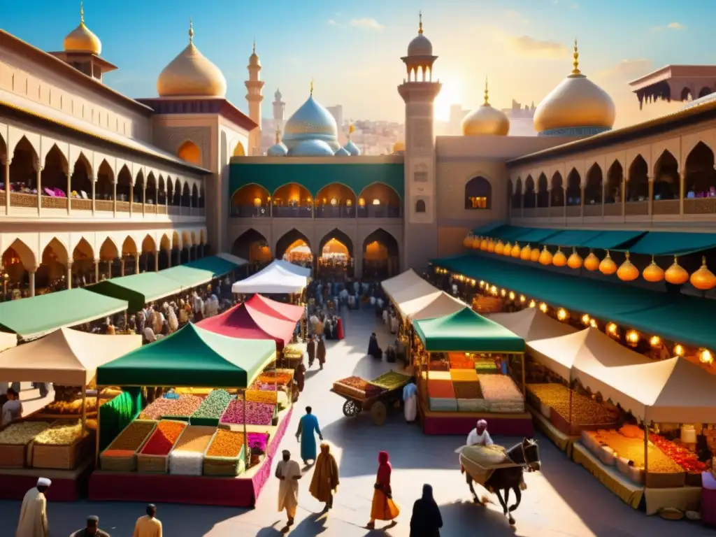 Vista detallada de un bullicioso mercado en una ciudad islámica histórica, con productos exóticos, colores vibrantes y arquitectura icónica