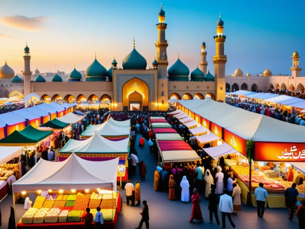 Vista detallada de un bullicioso mercado durante Eid al-Fitr, con puestos de ropa islámica, decoraciones coloridas y delicias