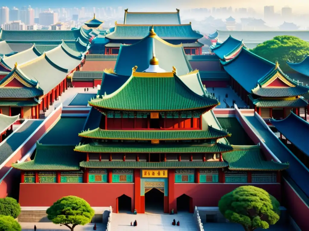 Vista detallada y colorida de la Gran Mezquita de Xi'an, reflejando la influencia cultural del Islam en China en un entorno urbano moderno y vibrante