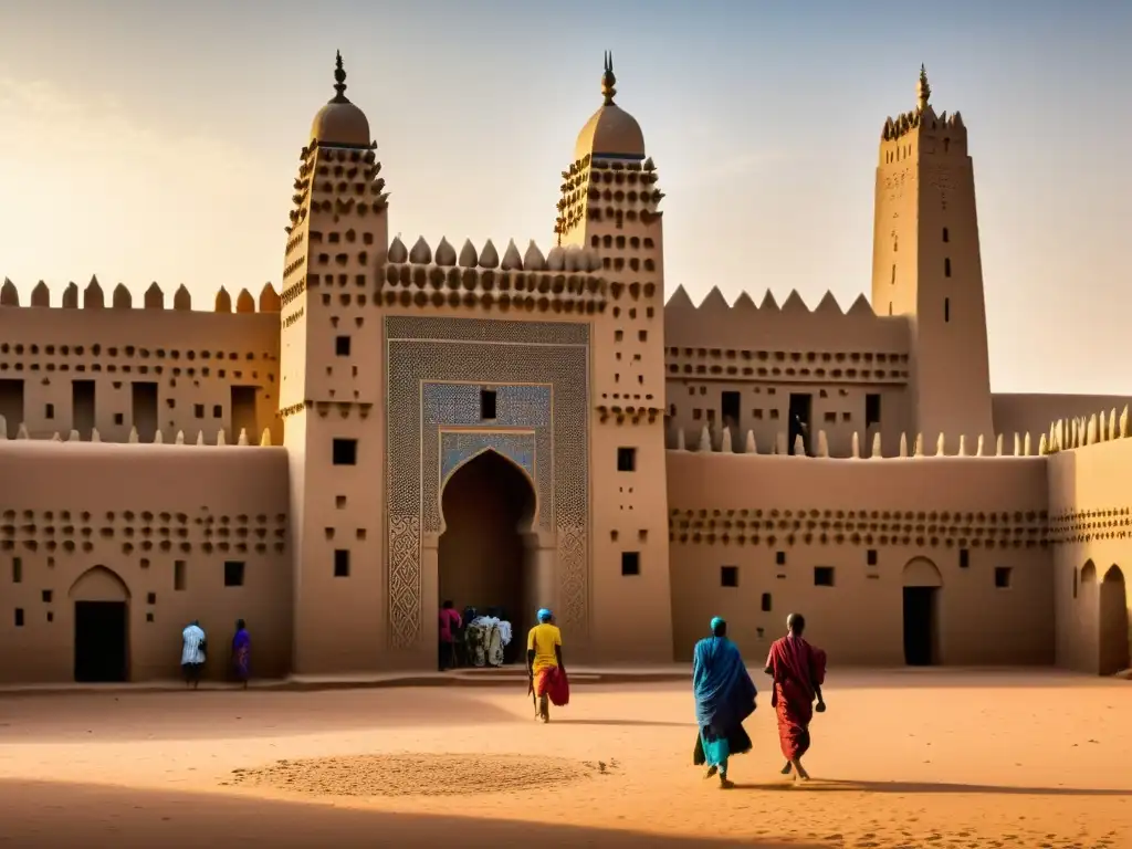 Vista detallada de la Gran Mezquita de Djenné en Mali, destacando la arquitectura de ladrillo de barro y la vida cotidiana alrededor