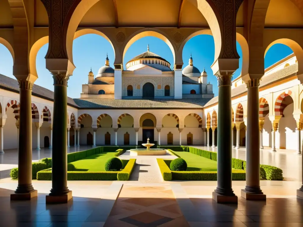 Vista detallada de la Gran Mezquita de Córdoba, con visitantes admirando la arquitectura islámica AlÁndalus en su majestuoso patio y jardines