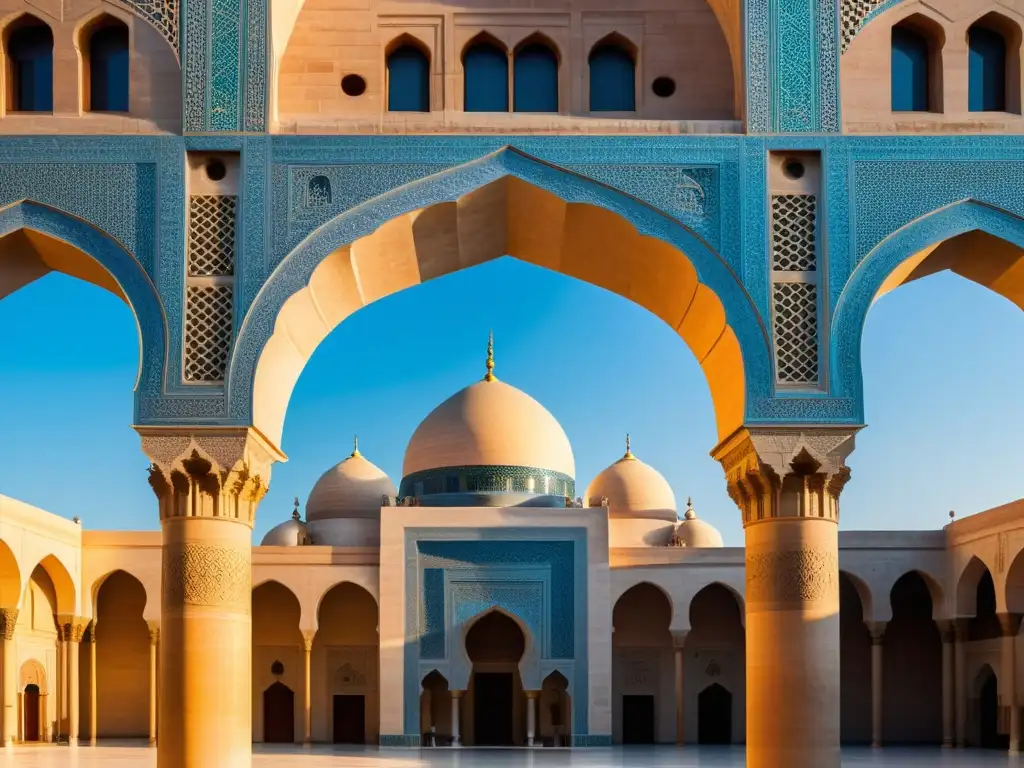 Vista detallada de la histórica Mezquita Ibn alFarid en El Cairo, Egipto, durante la hora dorada