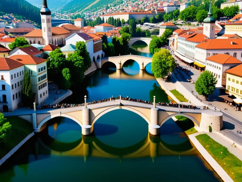 Vista detallada del icónico Puente Latino en Sarajevo, con el río Miljacka y edificios históricos