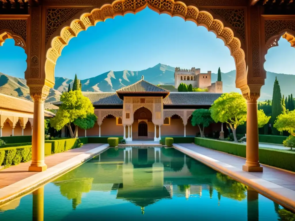 Vista detallada de la Alhambra en Granada, España, con sus jardines vibrantes, arquitectura islámica y la majestuosa Sierra Nevada al fondo