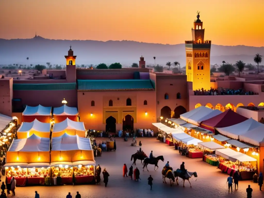 Vista detallada de Marrakech al atardecer, con la famosa mezquita Koutoubia y bulliciosos puestos de mercado