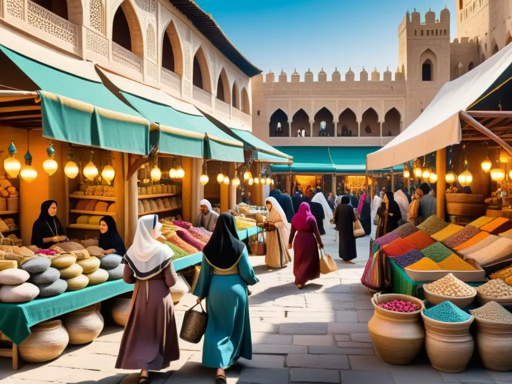 Vista detallada de mercado medieval en ciudad islámica, con mujeres participando en roles variados