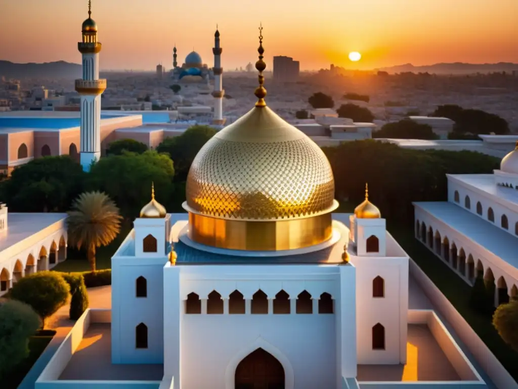 Una vista detallada de una mezquita al atardecer, con patrones geométricos intrincados y una atmósfera serena