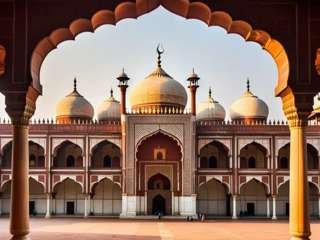 Vista detallada de la mezquita Jama Masjid en Delhi, India, bañada por la cálida luz dorada del atardecer