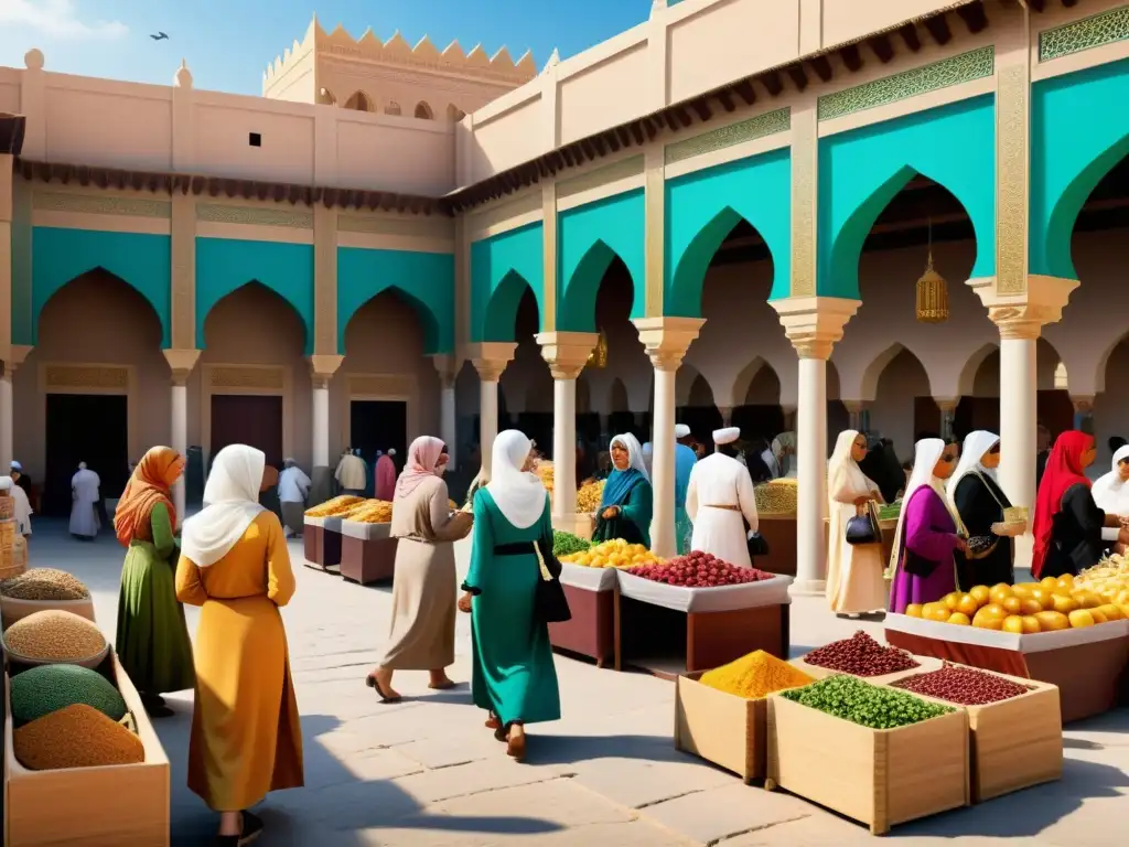 Vista detallada de mujeres en la historia islámica, participando en actividades comerciales, educativas y discusiones académicas en un bullicioso mercado de una antigua ciudad islámica