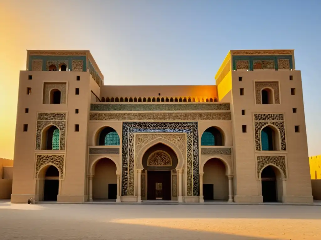 Vista detallada del Museo Nacional de Iraq en Bagdad al atardecer, resaltando el patrimonio histórico de Bagdad y la rica arquitectura de la fachada