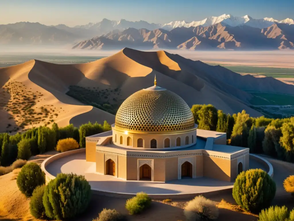 Vista detallada del observatorio AlBiruni al atardecer, con sus patrones geométricos y el legado astronómico de los filósofos musulmanes