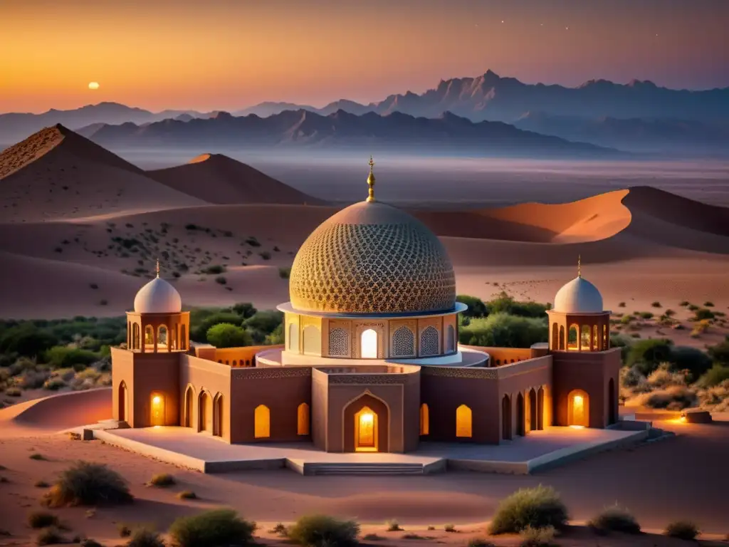 Vista detallada de un observatorio astronómico histórico islámico en el desierto al atardecer, con detalles arquitectónicos iluminados por el sol poniente y un cielo estrellado emergente