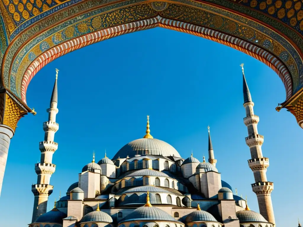 Una vista detallada y realista de la majestuosa Mezquita Azul en Estambul, Turquía, resaltando sus imponentes minaretes contra un cielo azul claro