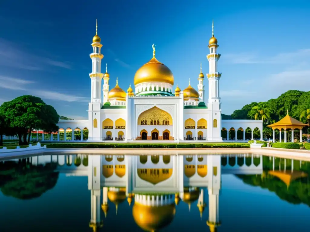 Vista detallada y realista de la mezquita Sultan Omar Ali Saifuddin en Brunei, reflejada en aguas tranquilas