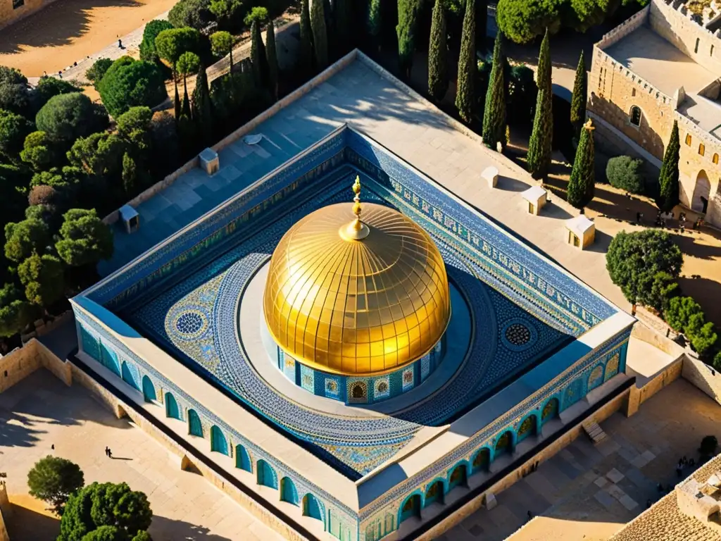 Vista detallada de la Cúpula de la Roca en Jerusalén, con sus mosaicos y el resplandor del sol realzando su belleza