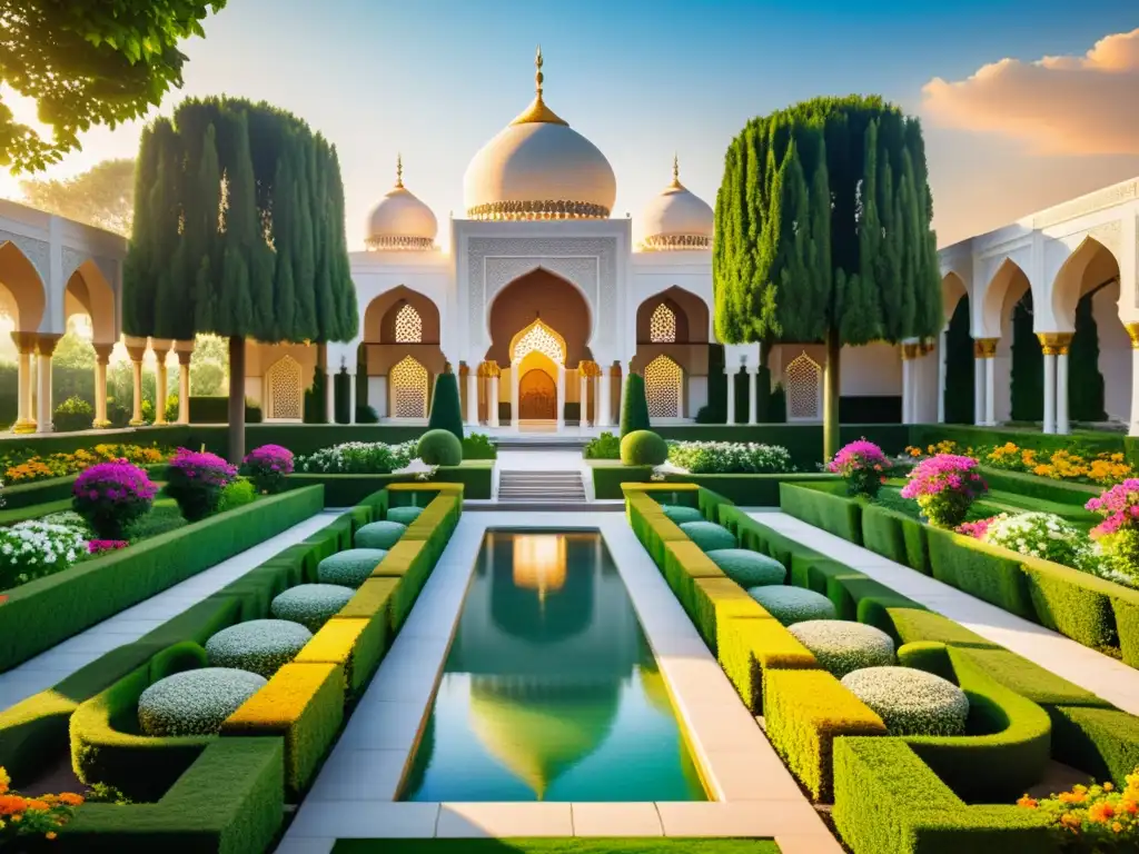 Vista de un diseño de jardines sagrados islámicos con patrones geométricos, fuentes y mezquita al atardecer, evocando serenidad y armonía