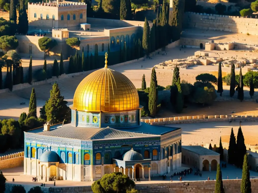 Vista dorada del Domo de la Roca en Jerusalén, fronteras religiosas culturales impregnadas en la cálida luz del atardecer