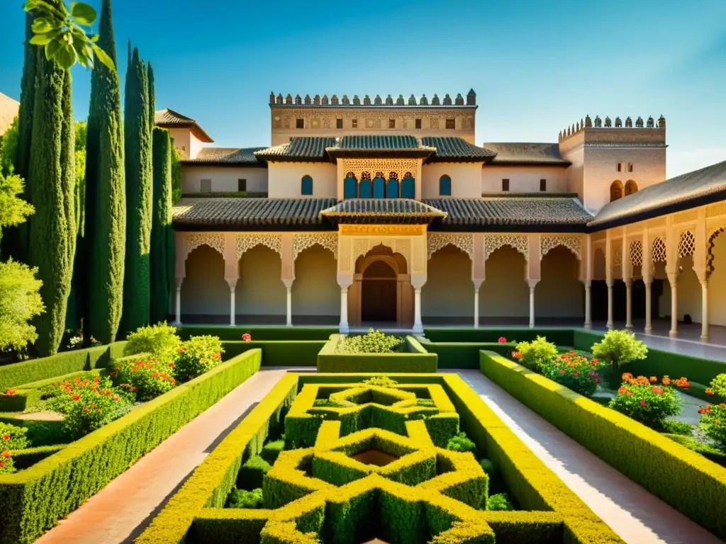 Vista espectacular de la Alhambra en Granada, España, con detalles arquitectónicos islámicos y exuberantes jardines