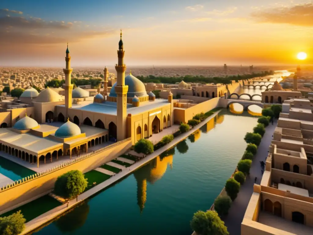 Vista espectacular del esplendor de Bagdad en la expansión del Islam, con mercados bulliciosos, mezquitas grandiosas y palacios intrincados junto al río Tigris al atardecer