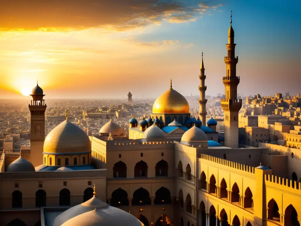 Vista espectacular del Cairo islámico al atardecer, con minaretes y mercados vibrantes