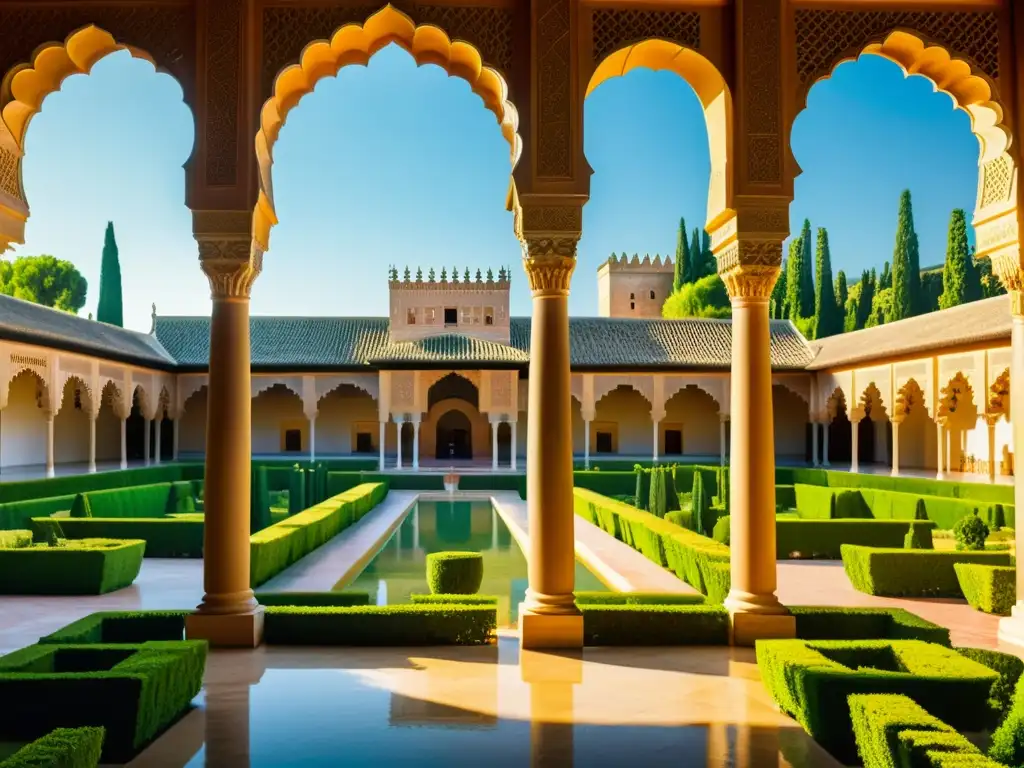 Vista fotorealista de la histórica Alhambra en Granada, bañada por la cálida luz del sol