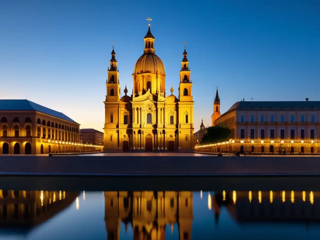 Vista fotorealista de la Basílica de Nuestra Señora del Pilar en Zaragoza durante la hora dorada