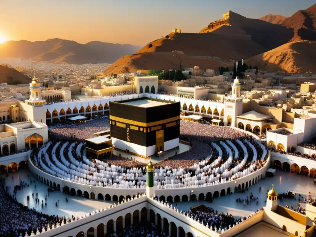 Una vista fotorealista y detallada de la ciudad sagrada de La Meca al atardecer, con la Kaaba y la Gran Mezquita como puntos focales