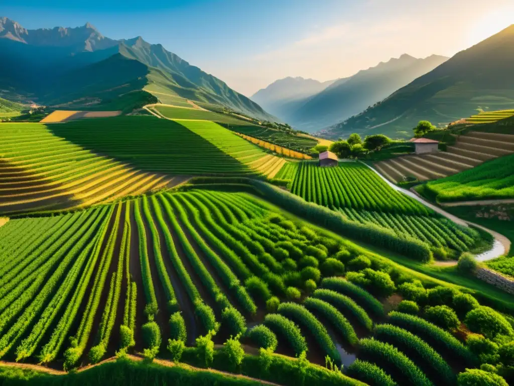 Vista fotorealista de una exuberante granja en terrazas en alÁndalus, con cultivos verdes y montañas majestuosas