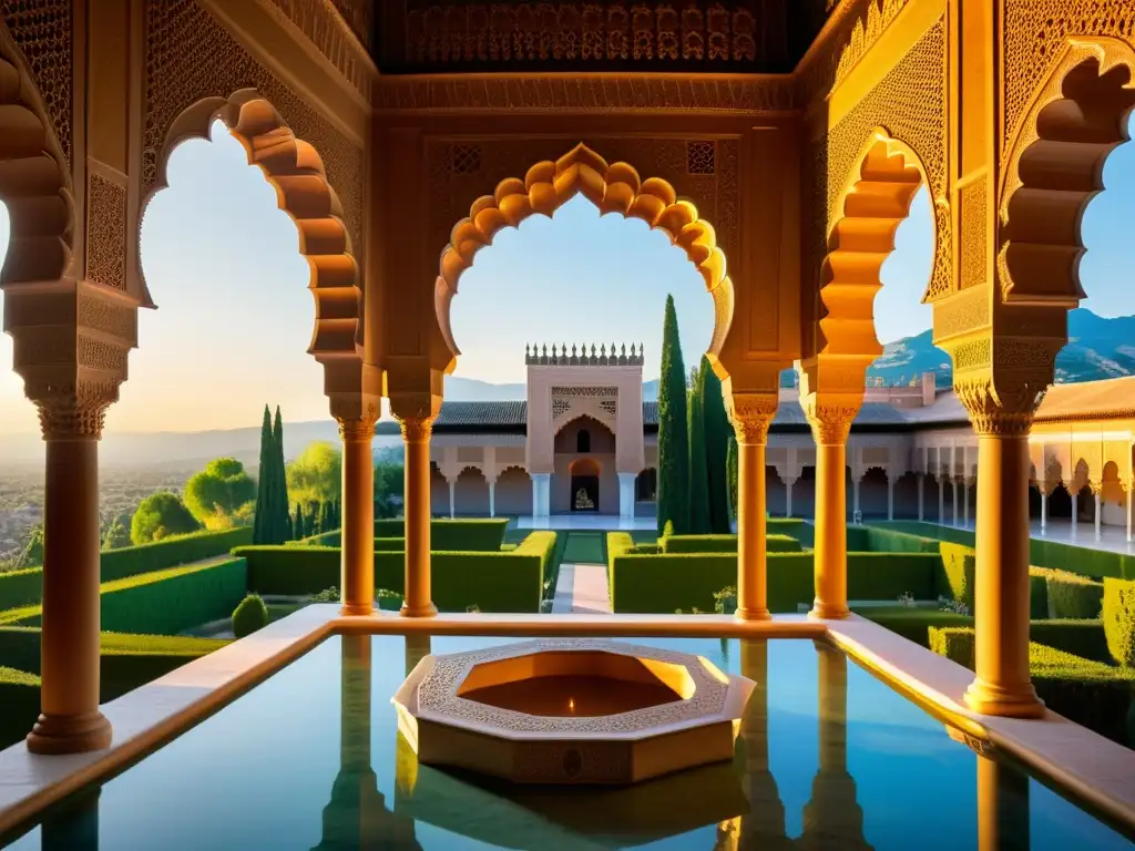 Vista fotorealista de la intricada Alhambra, con patrones islámicos y arcos, iluminada por el cálido atardecer