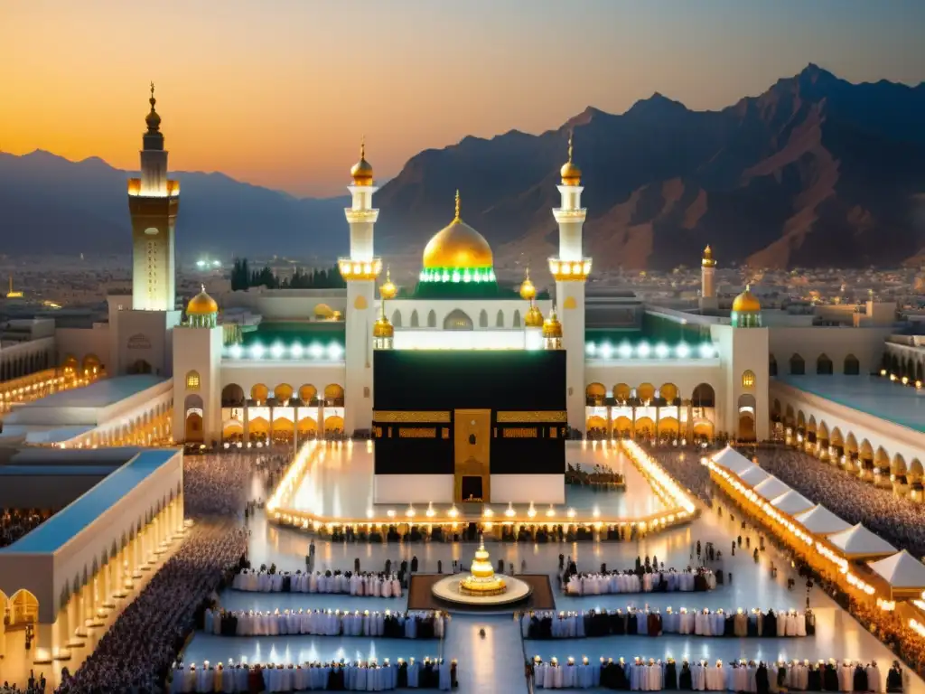 Vista fotorealista de la Mezquita al-Haram en Meca, con la majestuosa Kaaba en el centro