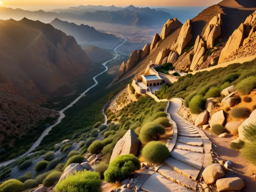 Vista fotorealista de la Ruta de Hira, con terreno rocoso y la atmósfera espiritual de la historia islámica