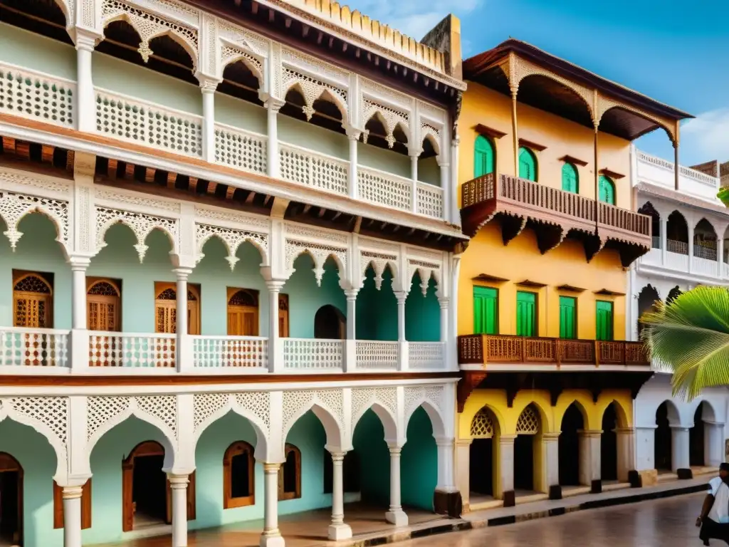 Vista fotorealista de Stone Town en Zanzíbar, con arquitectura histórica y vibrante atmósfera que refleja la historia islámica Zanzíbar