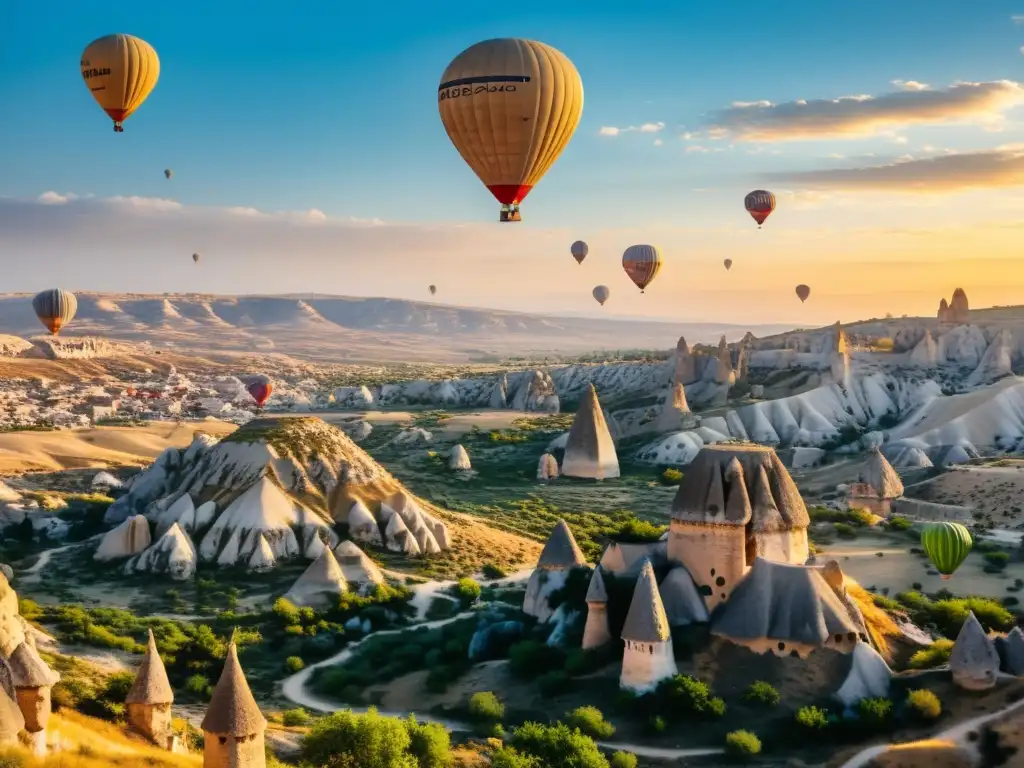 Vista de globos aerostáticos sobre paisaje de Cappadocia, Turquía, en colores cálidos al amanecer