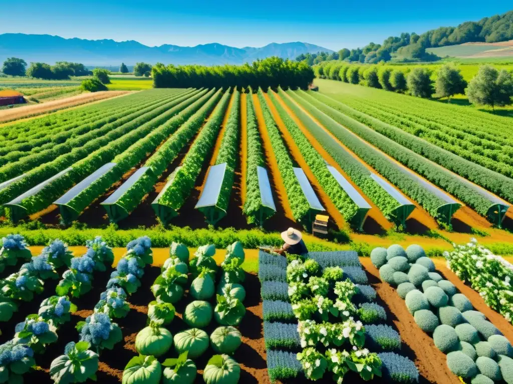 Vista de una granja orgánica con cultivos de frutas y verduras, abejas polinizando flores y trabajadores cosechando