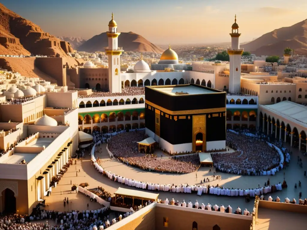 Vista impactante de la antigua ciudad de La Meca al atardecer, con la Kaaba en el centro y peregrinos vestidos tradicionalmente