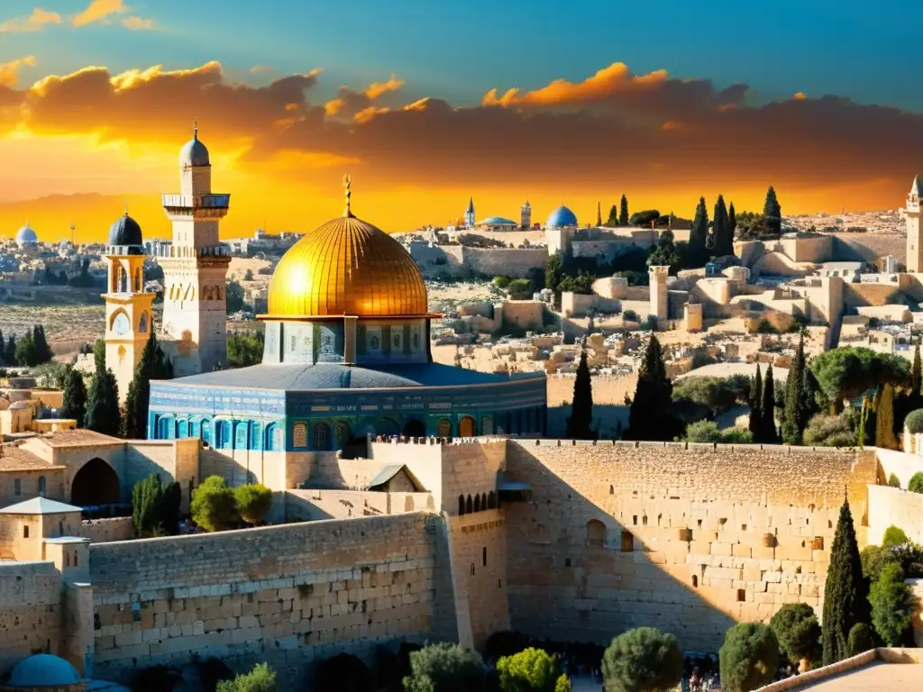 Vista impactante del atardecer en Jerusalén, con la Cúpula de la Roca y el Muro Occidental